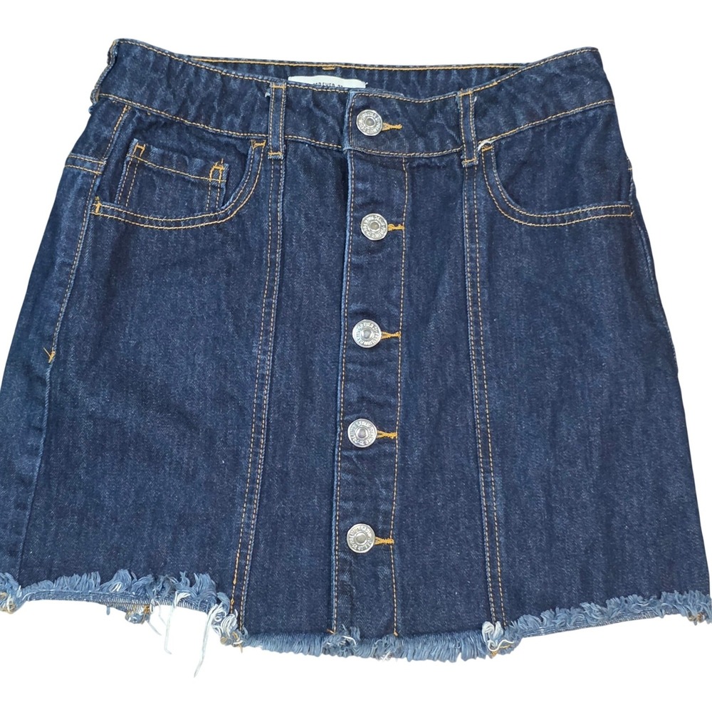 Forever 21 Small dark Button Front Denim Mini Skirt Raw Hem Indie Y2K festival - Picture 2 of 7